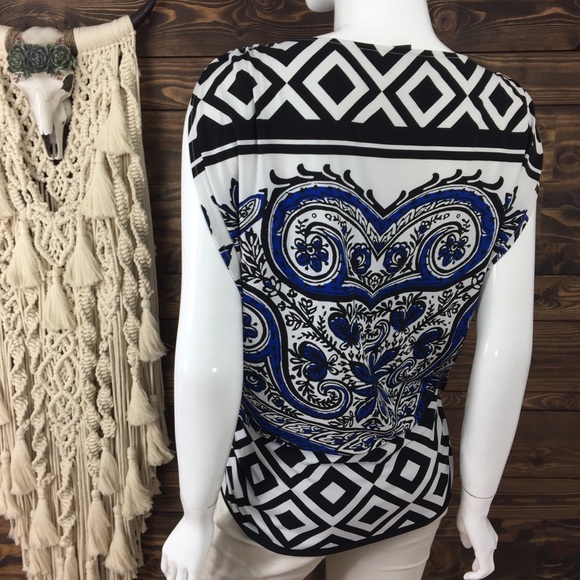 Alfani | Patterned Ruched Drop Waist Open Drape‎ Blouse - Picture 4 of 9